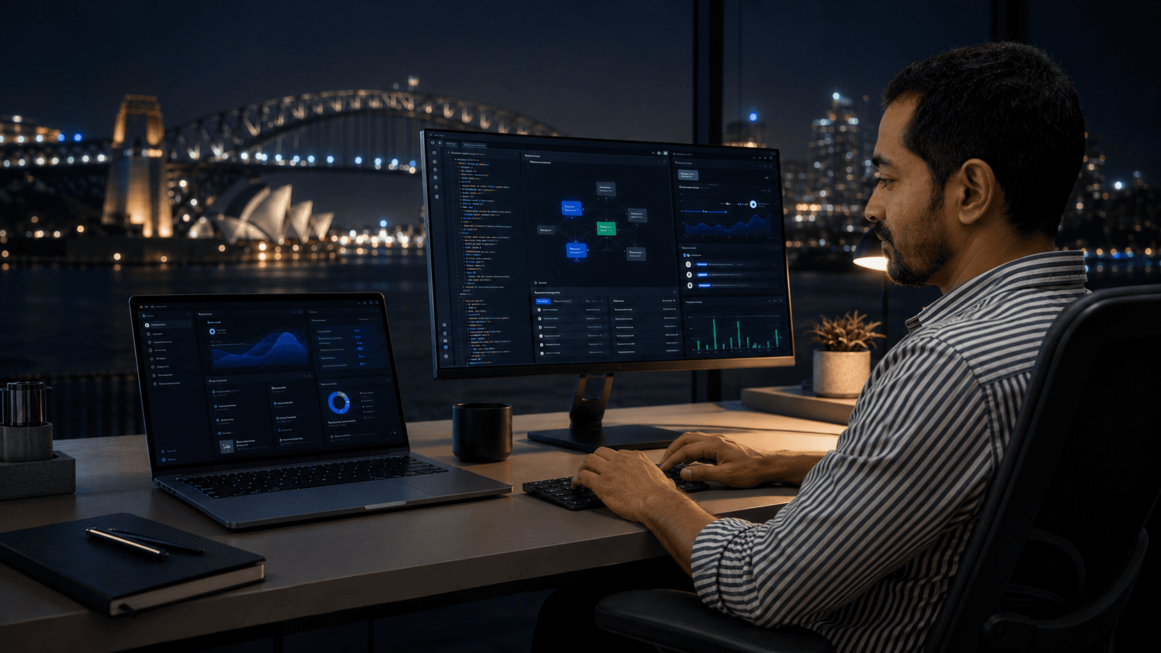 Kamal Khanal building digital products at a Sydney desktop workspace